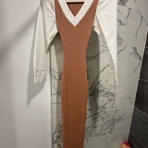 Fashion Nova Ribbed V-Neck Maxi Dress in Camel